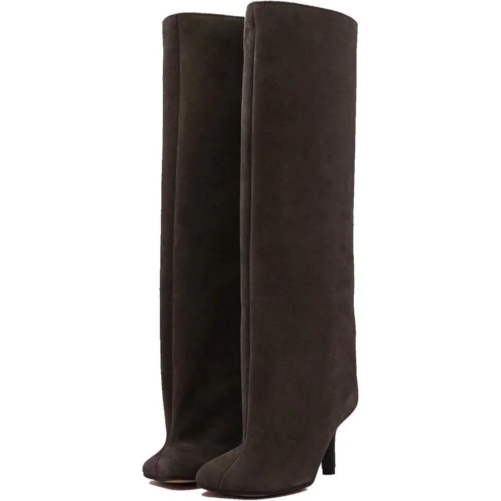Women's Brown Wide Calf Square Toe Stiletto Heels Knee High Suede Boots
